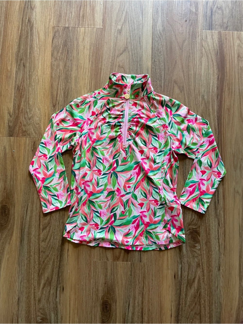 Long-Sleeve Women's Swim Top in Pink & Green Leaf Print